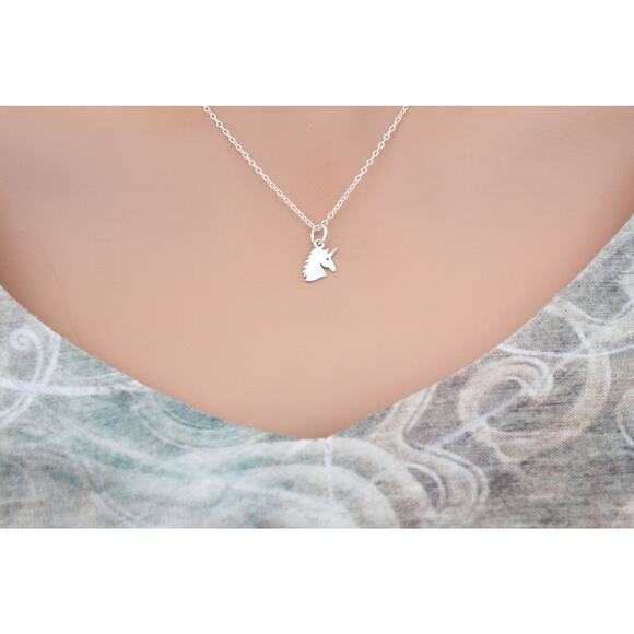 Sterling Silver Unicorn Charm - Flat Unicorn Head Necklace - Picture 1 of 3